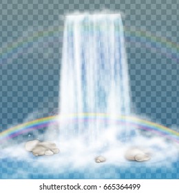 Realistic Transparent, Nature, stream of waterfall with clear water, stone, bubbles, rainbow isolated on transparent background. Natural element for design landscape image. Vector illustration.