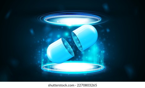 Realistic transparent neon pill in abstract futuristic blue portal made of digital rings in dark empty scene