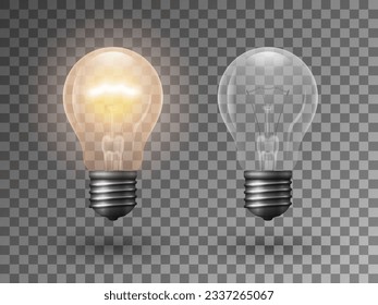 Realistic transparent old style light bulbs on dark background. 3d vector illustration of on and off electric filament lamps. Concept icon for innovation, creative idea, business solution.