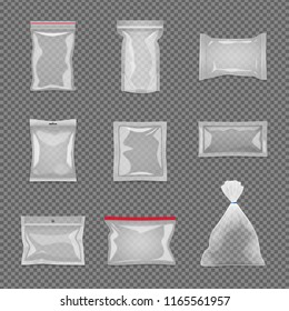Realistic transparent package set in different shape isolated vector illustration 
