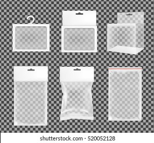 Realistic Transparent Paper Or Plastic Packaging Box With Hanging Hole.