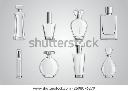 Realistic Transparent Perfume Bottle Vector Set — Luxury Cosmetic Packaging Design