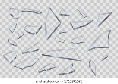 Realistic transparent pieces of broken glass on transparent background. Vector illustration