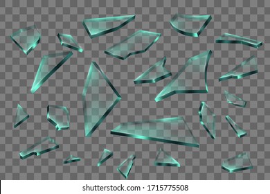 Realistic transparent pieces of broken glass on transparent background. Vector illustration