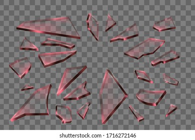 Realistic transparent pieces of broken glass on transparent background. Vector illustration