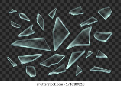 Realistic transparent pieces of broken glass on transparent background. Vector illustration