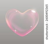 Realistic transparent pink vector soap bubble shaped as heart. Romantic glossy soapy heart. Valentine day symbol. Black background.