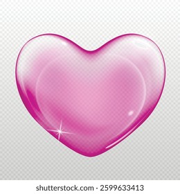 Realistic transparent pink vector soap bubble shaped as heart. Romantic glossy soapy heart. Valentine day symbol. Black background.