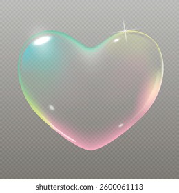 Realistic transparent pink vector soap bubble shaped as heart. Romantic glossy soapy heart. Valentine day symbol. Black background.