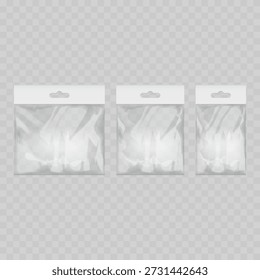 Realistic Transparent Plastic Bag Mockup Set with White Header. Vector Polybag Packaging Template with Hang Tab