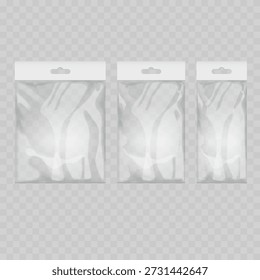 Conjunto de maquete de saco plástico transparente realista com cabeçalho branco. Modelo de empacotamento Polybag para vetor com presilha