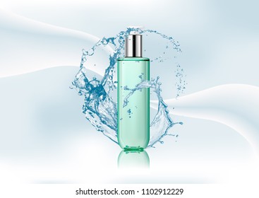 Realistic transparent plastic bottle with two-phase cosmetic product with pump dispenser.Package for tonic, lotion. Isolated object on abstract stylish gradient background.Vector illustration.