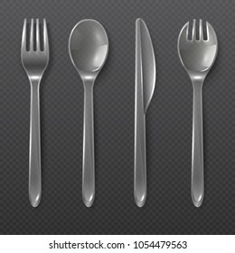 Realistic transparent plastic cutlery. Spoon, fork and knife isolated. Disposable tableware vector set. Spoon and fork, knife plastic for dining illustration