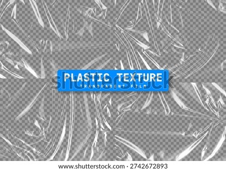 Realistic transparent plastic film texture in A4 format. Stretchable polyethylene wrap with crumpled, wrinkled surface and natural reflections. Plastic stretch cellophane effect. Vector