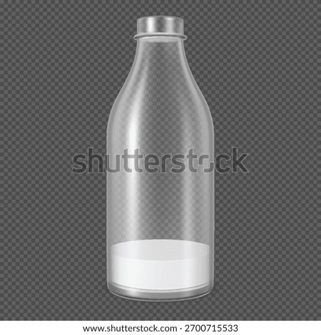 Realistic transparent plastic or glass bottle of milk. Liquid product packaging. Dairy beverage products container almost empty. Open drink package template. Vector mock up 3D design