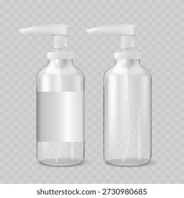 Maqueta de botella de spray de plástico transparente realista con gatillo blanco. Ilustración vectorial