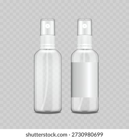 Maqueta de botella de spray de plástico transparente realista con gatillo blanco. Ilustración vectorial