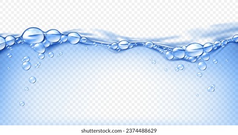 Realistic transparent pool water wave surface with bubbles, blue flow splash. Vector boiling liquid, fizzy abstract background with dynamic motion. Realistic 3d aqua, randomly moving or fizzing