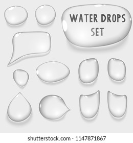 Realistic transparent pure water drops set. Vector isolated illustration.