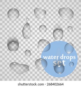 Realistic transparent and pure water drops set. Isolated on gray background. Vector illustration, eps 10.