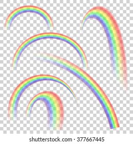 Realistic transparent rainbow set in different shapes. Vector background.