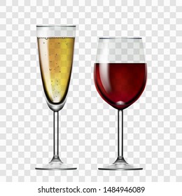 Realistic Transparent Red Wine And Champagne Glass. EPS10 Vector