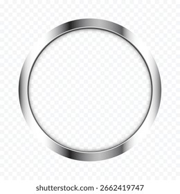 Realistic transparent round circular chrome silver steel iron frame with shadow and glossy metallic ring design for 3d circle material shape on isolated background