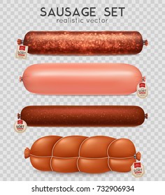 Realistic transparent sausage set with cooked and salami sausage isolated vector illustration