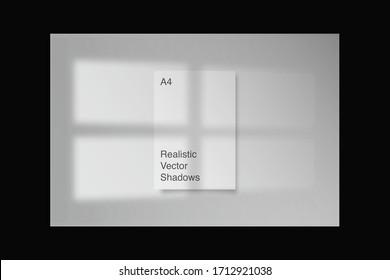 Efectos de superposición de sombra reales y transparentes para la marca. Mockups en formato A4. Escenas de luz natural. Ilustración vectorial fotorealista. Los marcos de ventana superponen las sombras en perspectiva
