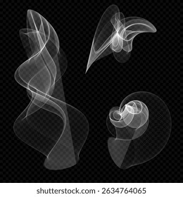 Realistic transparent shapes of smoke and steam with abstract flowing forms on dark background. Soft cloudy texture, white gradients, smooth airy design