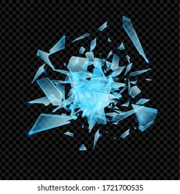 Realistic transparent shards of broken glass. Blue golssy glass pieses. Crash background.