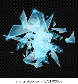 Realistic transparent shards of broken glass. Blue golssy glass pieses. Crash background.