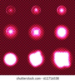 Realistic transparent shine and sparkle light effects. Process of turn on the lightbulb. Red background for demonstration color and transparency effect .Vector illustration.