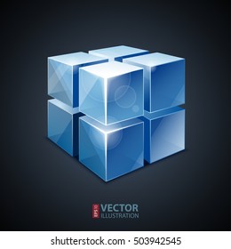 Realistic transparent shiny blue cube matrix with glows and flares on dark grey gradient background. RGB EPS 10 vector illustration