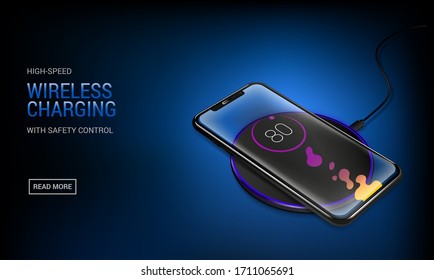 Realistic Transparent Smartphone Charging Battery On Charger Pad, Wireless Charging Technology Concept On Dark Blue Background