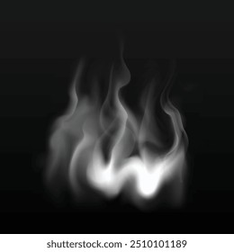 Realistic transparent smoke effect or fire steam pattern in white and gray color on black background. Cigarette or chimney smoke art. Vector weather element. Misty fog, fume wave or cloud silhouette.