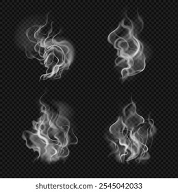 Realistic transparent smoke effect. Fire steam elements on black background. Wavy steam on water, tea, coffee, food Cigarette or chimney smoke realistic. Vector weather element. Fume wave.