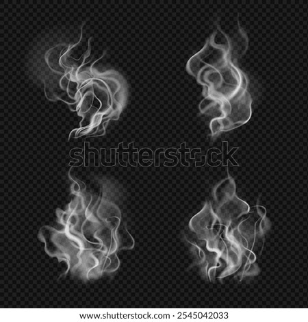 Realistic transparent smoke effect. Fire steam elements on black background. Wavy steam on water, tea, coffee, food Cigarette or chimney smoke realistic. Vector weather element. Fume wave.