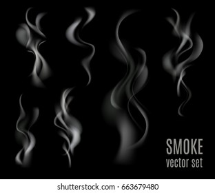 Realistic transparent smoke set isolated on black background. Cigarette smoke collection. Vector illustration.