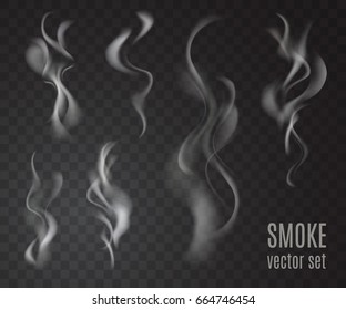 Realistic transparent smoke set isolated on transparent background. Cigarette smoke collection. Vector illustration