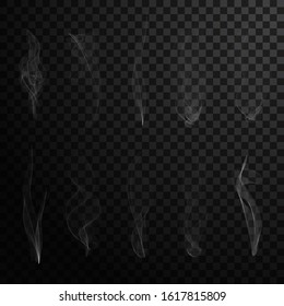 Realistic transparent smoke or steam set. Vector gas or vapor collection isolated on transparent background