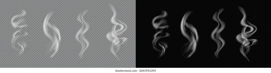 Realistic transparent smoke wisps in various swirling shapes, shown on both light (left) and dark (right) backgrounds, ideal for overlays in design or photo editing.Vector illustration.