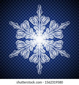 Realistic transparent snowflake isolated on checkered background vector illustration.