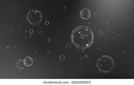 realistic transparent soap bubble with a glossy surface, rainbow reflections, and floating foam effect. Perfect for abstract designs, water elements, and magical background visuals. Vector
