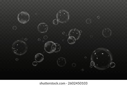 realistic transparent soap bubble with a glossy surface, rainbow reflections, and floating foam effect. Perfect for abstract designs, water elements, and magical background visuals. Vector