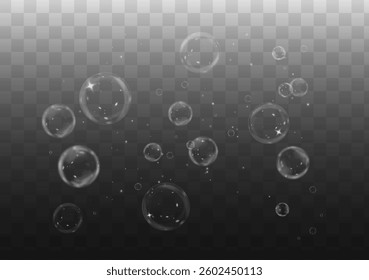 realistic transparent soap bubble with a glossy surface, rainbow reflections, and floating foam effect. Perfect for abstract designs, water elements, and magical background visuals. Vector
