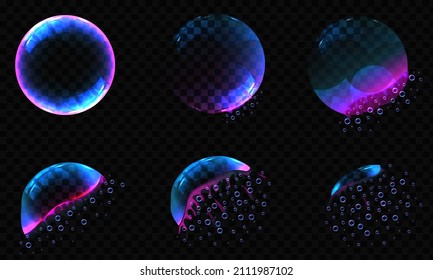 Realistische, transparente Seifenblase auf schwarzem Hintergrund. Seifenblase mit Glasscheiben. Durchsichtige Seifenblase im 3D-Bereich der Explosion. Wasserkugeln, realistische Bälle, Seifenballons, Seife.