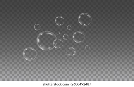Realistic transparent soap bubbles floating on a checkered background, shiny water air spheres with light reflections, isolated 3D soap bubble effect, glossy round bubbles for design and decoration