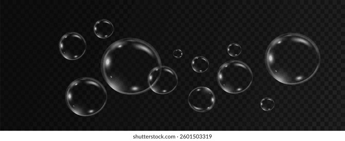 Realistic transparent soap bubbles floating on a checkered background, shiny water air spheres with light reflections, isolated 3D soap bubble effect, glossy round bubbles for design and decoration
