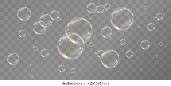 Realistic transparent soap bubbles with glossy shine and flying motion. Perfect for clean water concepts, shampoo visuals, decorative design, and underwater-themed vector illustrations.	
